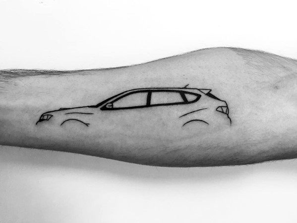 Minimalist Subaru outline tattoo on the forearm, featuring a sleek black line design of a hatchback with subtle motion accents.