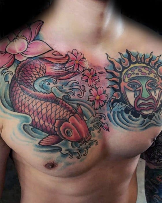 Chest tattoo featuring a red koi fish swimming through waves and cherry blossoms on one side, and the Sublime sun face on the other.