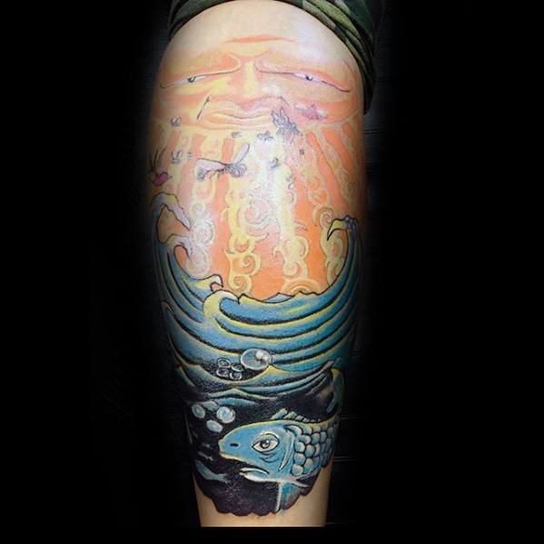 Leg tattoo with a grinning Sublime-style sun at the top, fiery rays transitioning into ocean waves, and a koi fish swimming below.