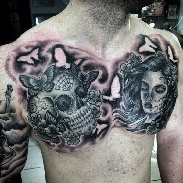 Sugar Skull Guys Chest Tattoos With Day Of The Dead Theme Negative Space Design Inspiration