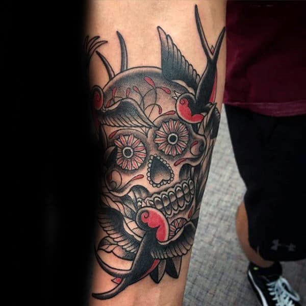 Sugar Skull Mens Forearm Tattoo With Sparrows