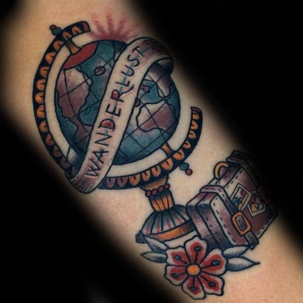 Suitcase With Globe Mens Wanderlust Traditional Inner Arm Bicep Tattoo