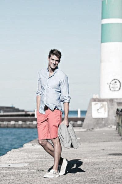 Summer Male Casual Wear Style Ideas Blue Dress Shirt With Redish Color Shorts