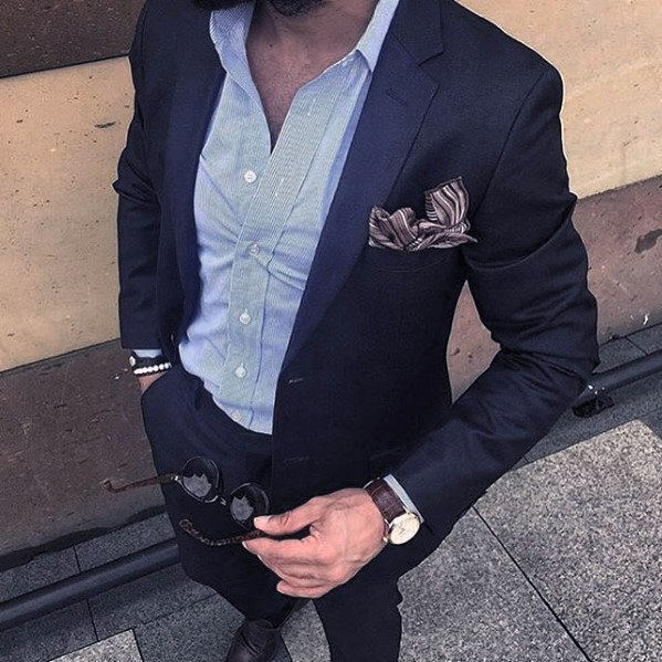 Summer Male Navy Blue Suit Brown Shoes Style Ideas With No Tie And Light Blue Dress Shirt