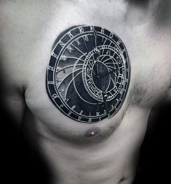 Sun Dial Mens 3d Upper Chest Tattoos