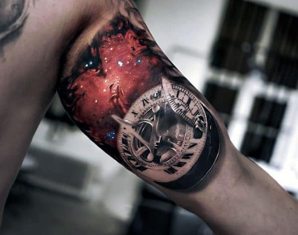 Sun Dial With Outerspace Design Mens 3d Arm Tattoo Designs