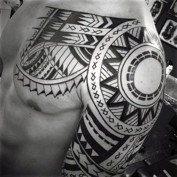 Sun Maori Tribal Mens Shoulder Sleeve Tattoo