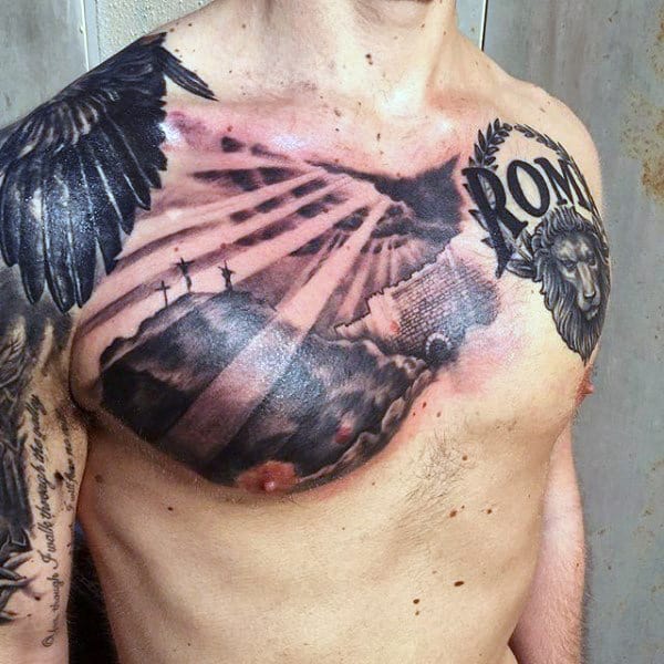 Sun Rays Cross Mens Upper Chest Jesus Tattoo Design