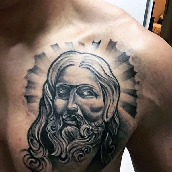 Sun Rays Male Upper Chest Tattoo Of Jesus