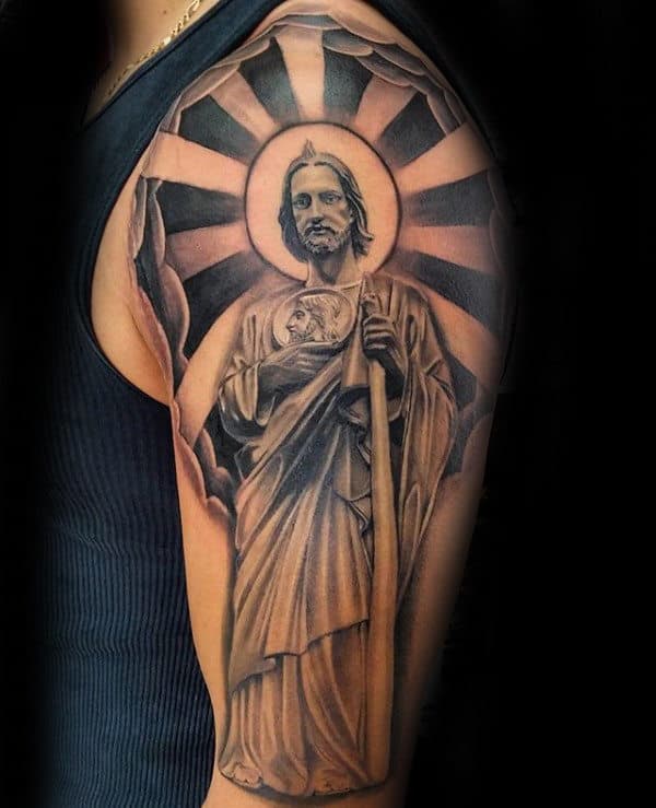 Sun Rays St Jude Guys Half Sleeve Tattoo Designs