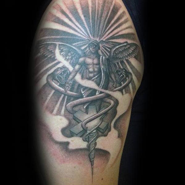 Sun Rays With Angel Star Of Life Guys Arm Tattoos