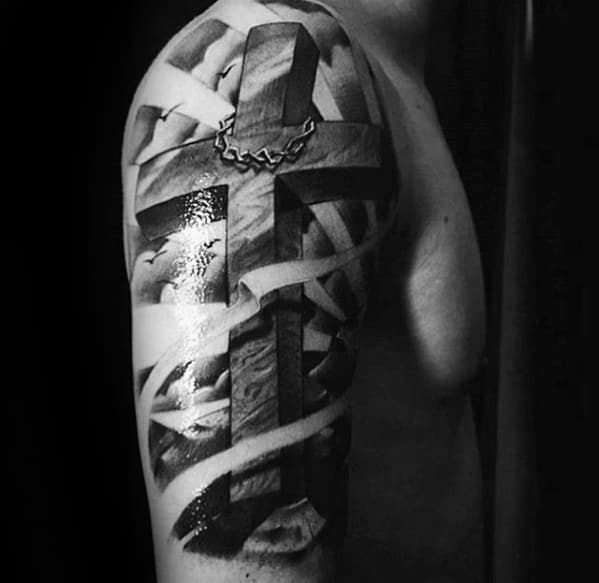 Sun Rays With Cross 3d Badass Male Tattoo Ideas On Arm