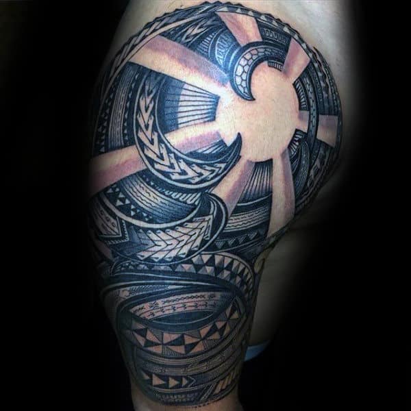 Sun Themed Samoan Tribal Mens Half Sleeve Tattoos