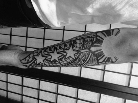 Sun With Stars Mens Negative Space Forearm Sleeve Tribal Polynesian Tattoos