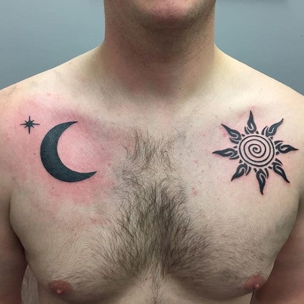 Sun With The Moon Tribal Male Upper Chest Tattoos