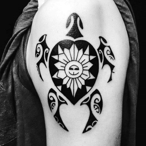 Sun With Tribal Turtle Mens Upper Arm Tattoos