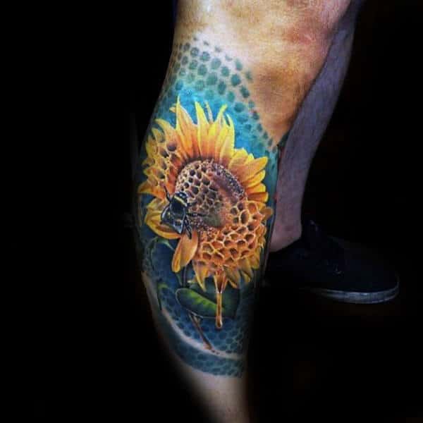 Sunflower Bee Mens Leg Sleeve Tattoos