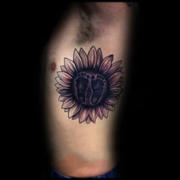 Sunflower Footprint Mens Rib Cage Side Tattoos