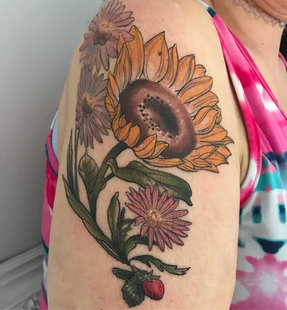Shoulder tattoo large color sunflower strawberry daisies
