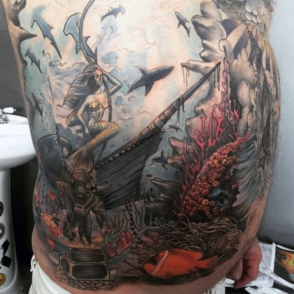 Sunken Ship Coral Reef Mens Chest And Stomach Tattoos