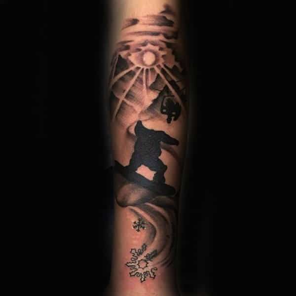 Sunrise On Peaks Snowboard Tattoo Male Forearms