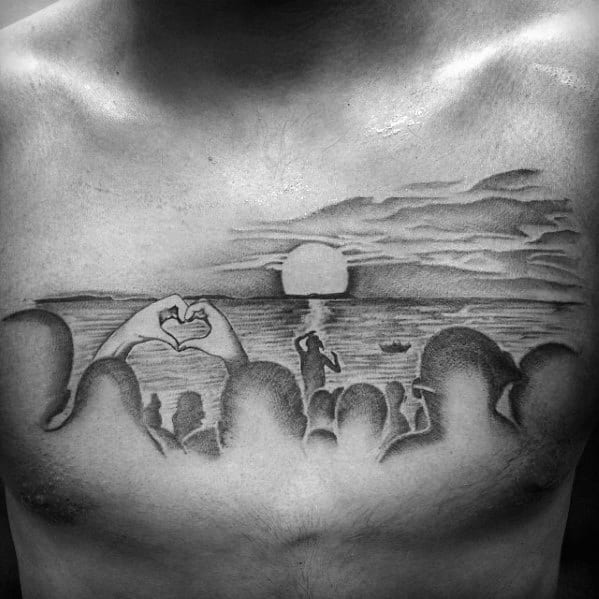 Sunset Beach Scene Cloudy Sky Male Shaded Chest Tattoo