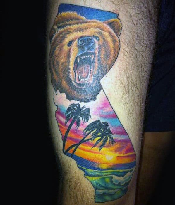 Sunset California Bear Mens Leg Tattoos
