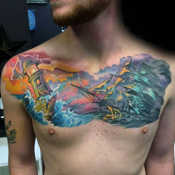 Sunset Clouds With Sailing Ship Mens Watercolor Upper Chest Tattoo Designs