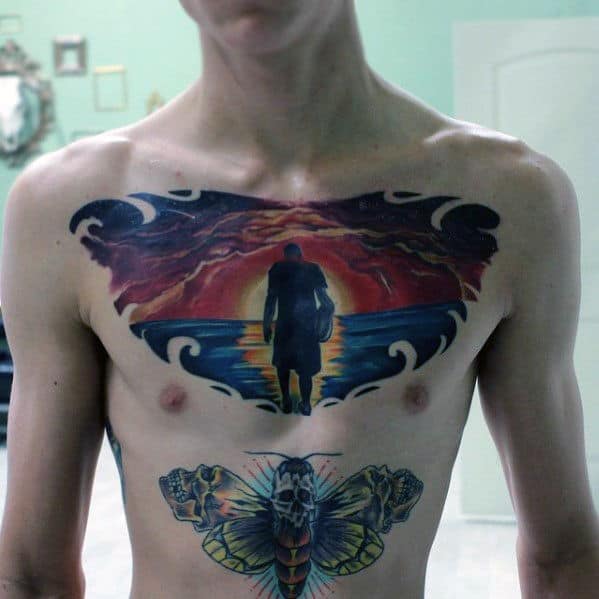 Sunset Clouds With Silhouette Male Upper Chest Tattoo