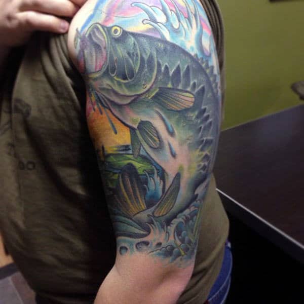Sunset Fishing Tattoo With Bass Half Sleeve For Guys