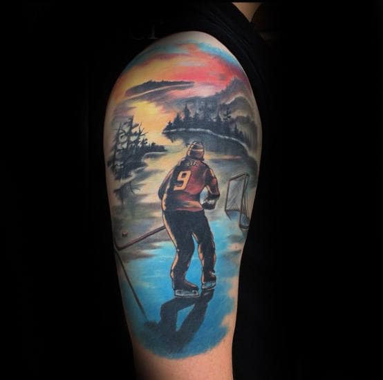 Sunset Hockey Themed Mens Half Sleeve Tattoos