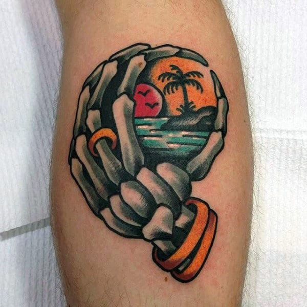 Sunset Ocean Skeleton Hand Mens Leg Tattoo
