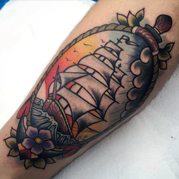 Sunset Sailing Ship Guys Anchor Nautical Traditional Arm Tattoo Design Ideas