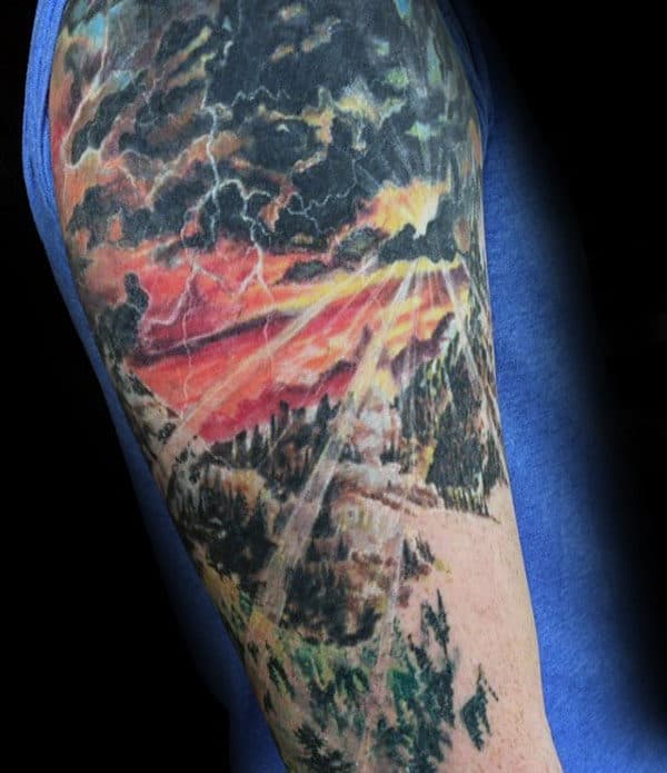 Sunset Sky Mens Landscape Upper Arm Tattoos