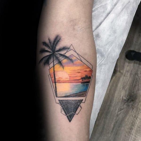 Sunset With Beach Mens Geometric Tattoo On Inner Forearm
