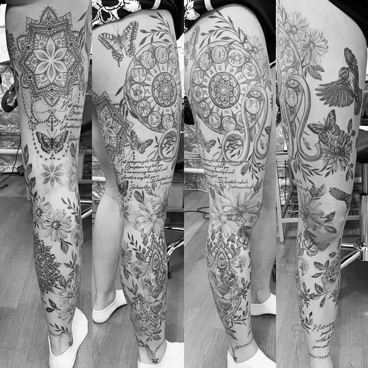 A leg sleeve tattoo with detailed floral, butterfly, text, leaves, mandala design, and hummingbird, viewed from four angles