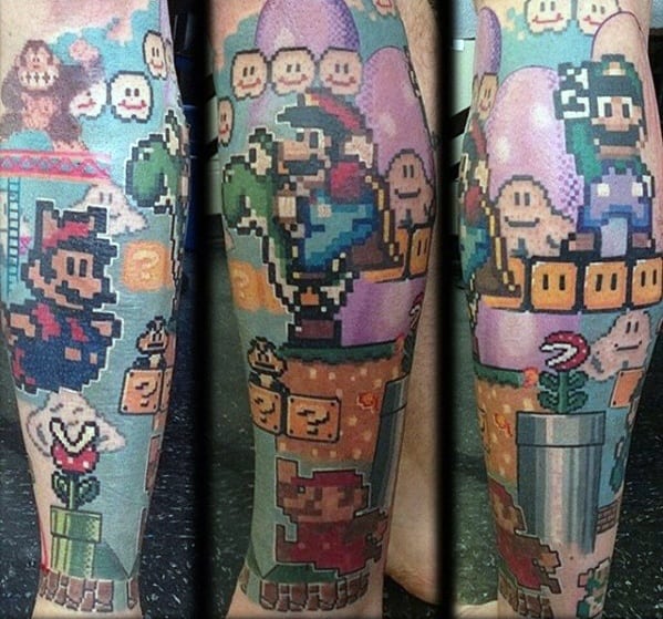 Super Mario 8 Bit Themed Mens Leg Sleeve Tattoo Designs