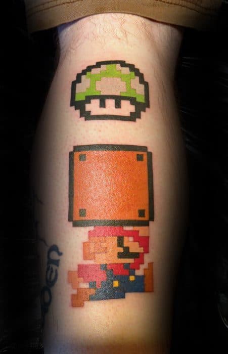 Super Mario Brothers Themed Guys Back Of Leg 8 Bit Tattoos