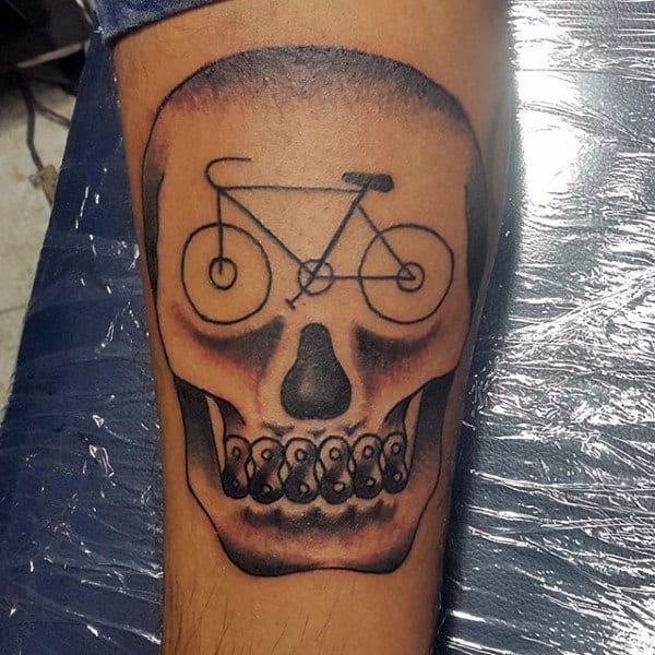 Superb Bicycle Skull Tattoo For Men On Legs