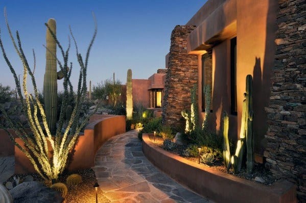 superb desert landscaping backyard with stone pathway