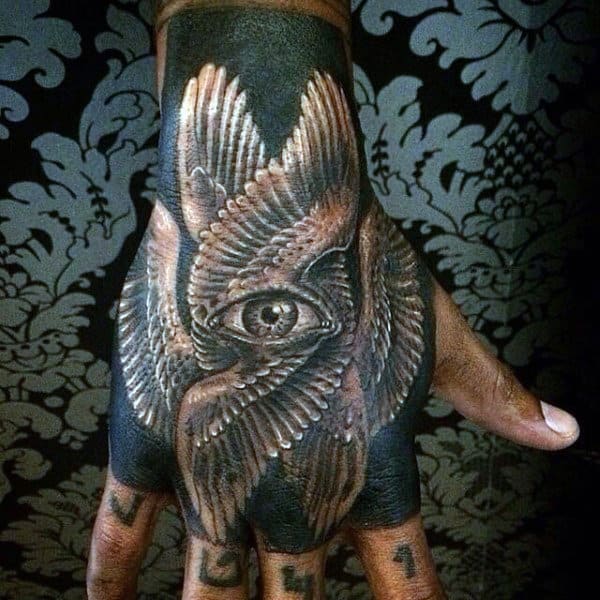 Superb Eye And Feathers Tattoo Mans Hands