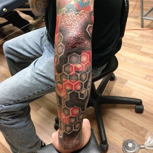 Superb Gray And Red Honeycomb Tattoo Male Full Sleeves