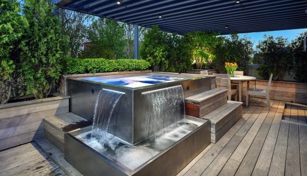 above ground hot tub with water feature wood deck pergola