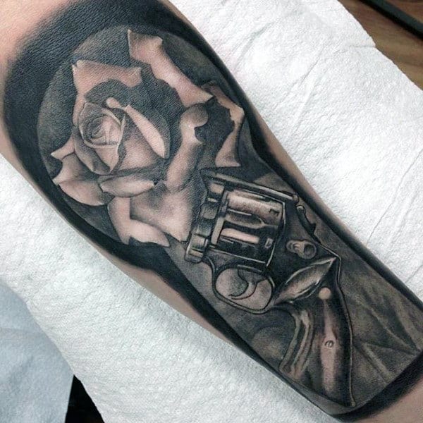Superb Pistol And Rose Tattoo Half Sleeve Guys