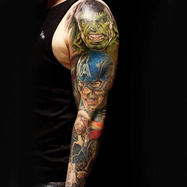 Superhero Full Sleeve Themed Male Tatoo With Captain America