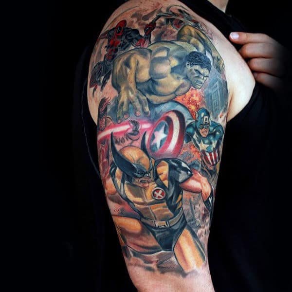 Superhero Themed Mens Half Sleeve Wolverine Watercolor Tattoo Designs