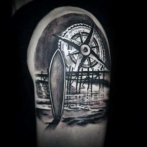 Surf Board And Huge Compass Tattoo Male Arms