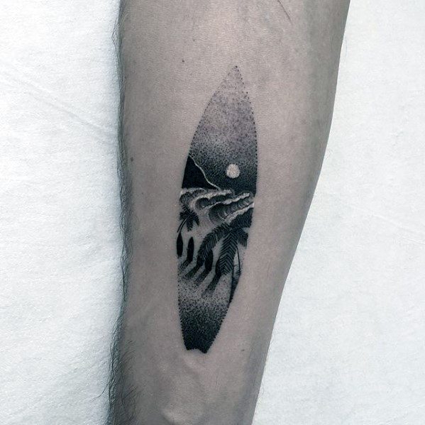 Surfboard Mens Detailed Dotwork Beach Forearm Tattoo