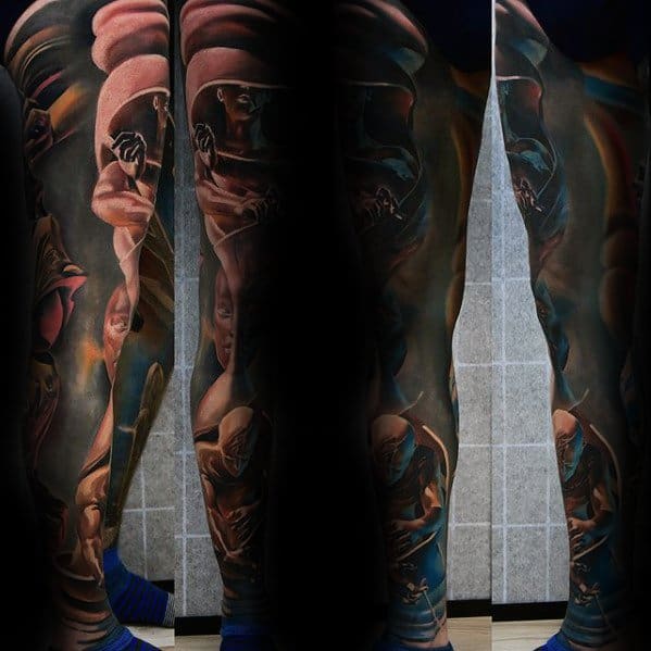 Full leg surreal tattoo sleeve featuring armored figures, abstract shadows, and flowing forms in dark, dramatic tones with painterly depth.