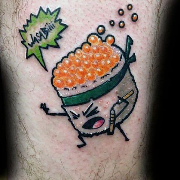 Sushi Wasabi Cartoon Style Leg Guys Tattoo Designs